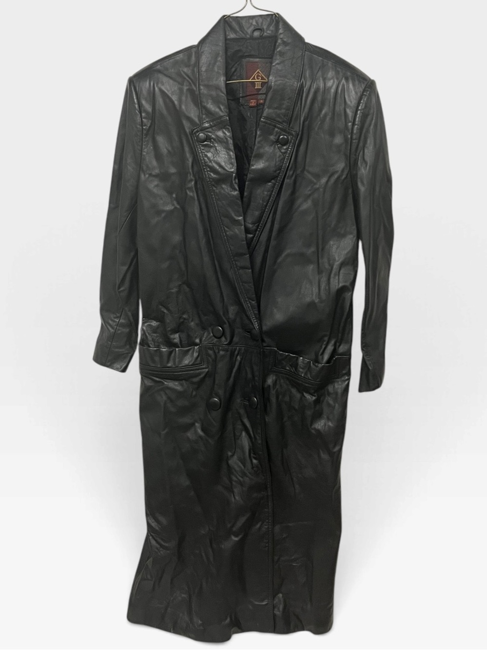 Vintage GIII | Black Leather Pockets Midi Trench Coat S